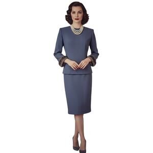 Chetta B Vintage 90's Genuine Mink Trimmed Two Piece Blue Gray Skirt Suit Size 4